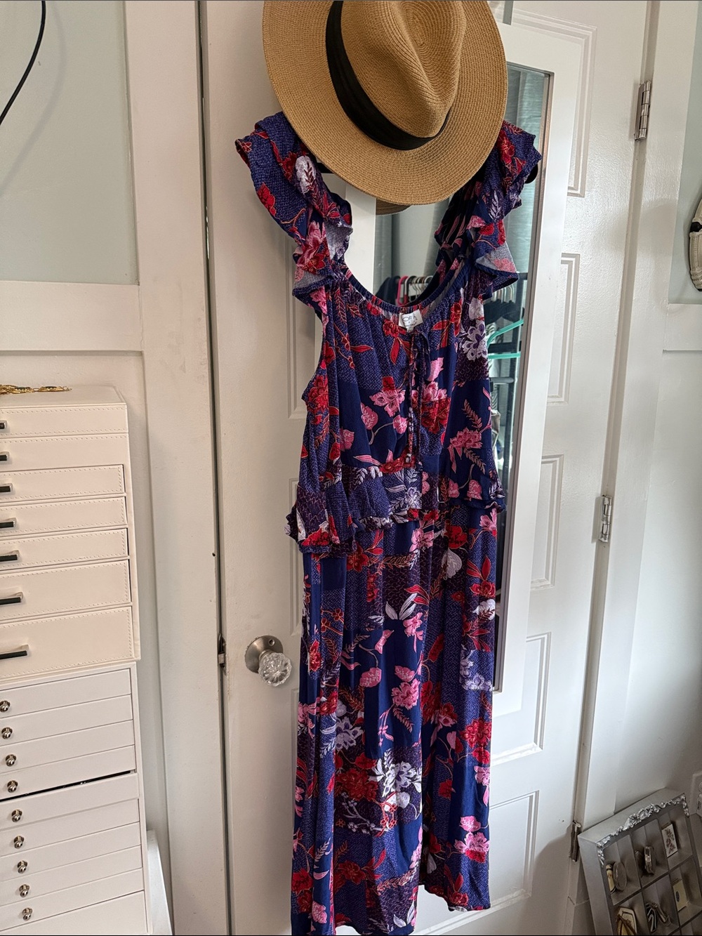 Women’s Floral Maxi Dress - Navy with Pink & Red Floral Print